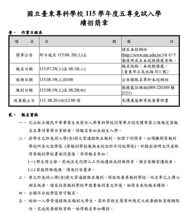 📢 國立臺東專科學校餐旅管理科 115學年度五專續招~限額6名圖片